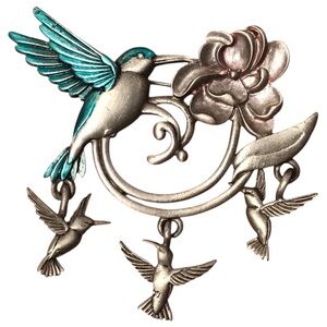 Spoontiques Brooch Pewter Hummingbird Dangling Hummingbirds Flower Pin Vintage